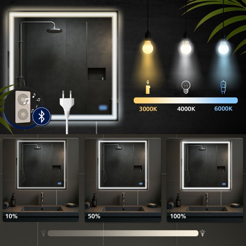 Espejo de baño Jaffrey de 80x80 cm con Bluetooth y cristal transparente