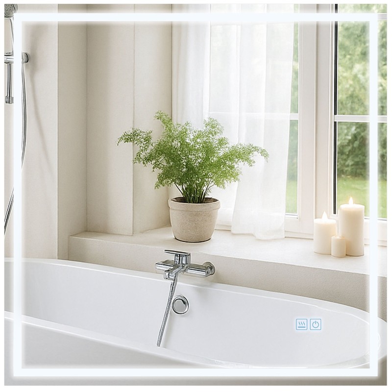 Espejo de baño Jaffrey de 80x80 cm sin Bluetooth, cristal transparente
