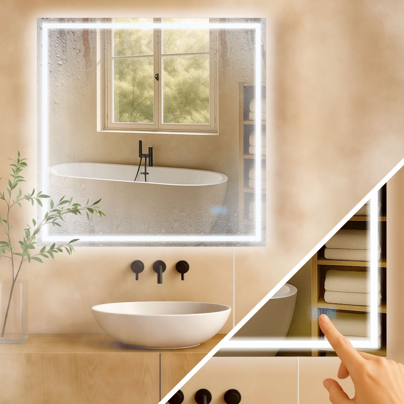 Espejo de baño Jaffrey de 80x80 cm sin Bluetooth, cristal transparente