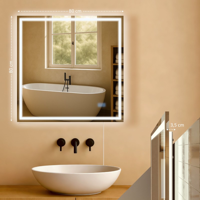 Espejo de baño Jaffrey de 80x80 cm sin Bluetooth, cristal transparente
