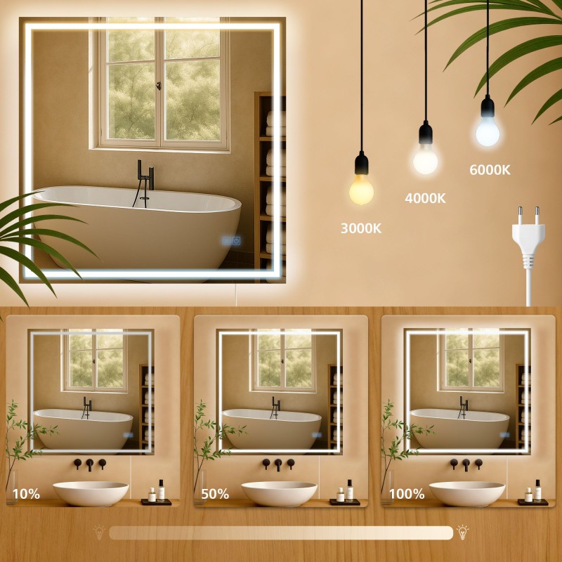 Espejo de baño Jaffrey de 80x80 cm sin Bluetooth, cristal transparente