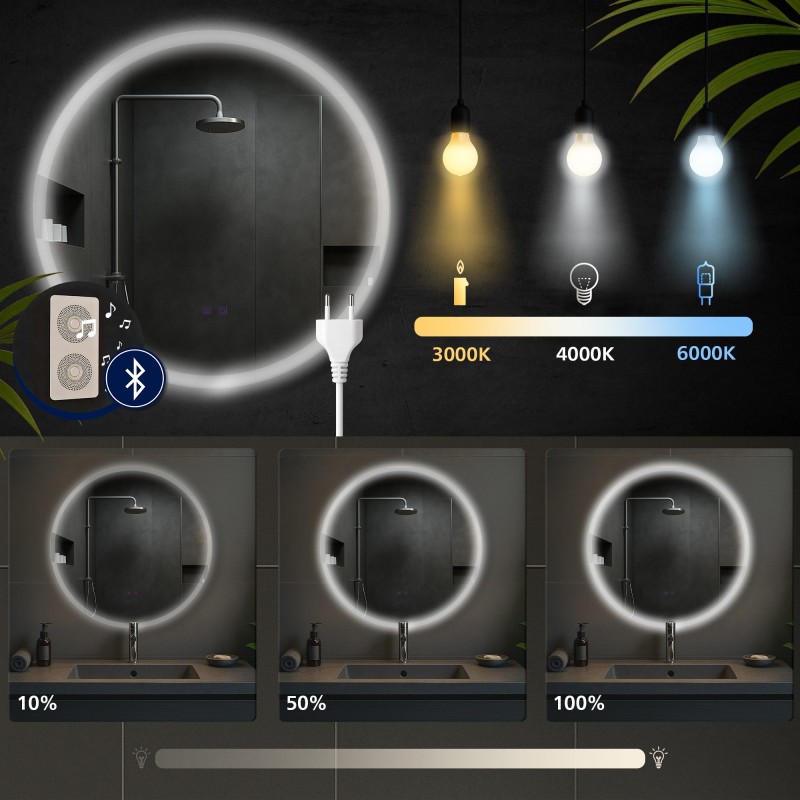 Espejo de baño Laconia 70 con Bluetooth, cristal transparente