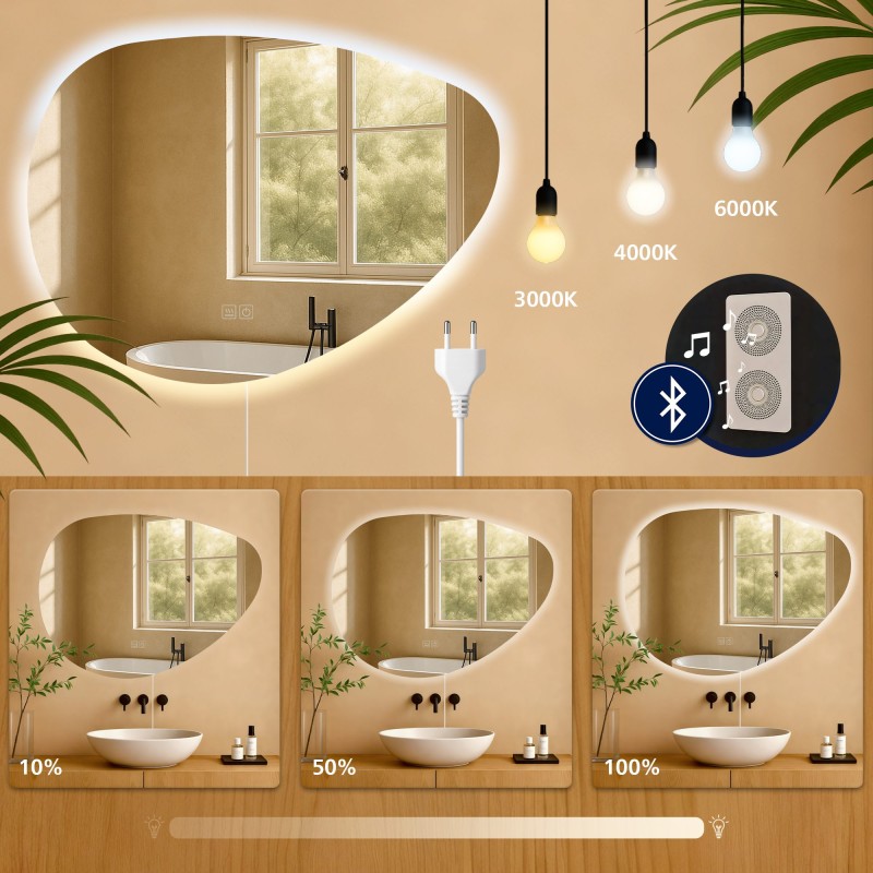 Espejo de baño Almafie de 65x75 cm con Bluetooth y cristal transparente