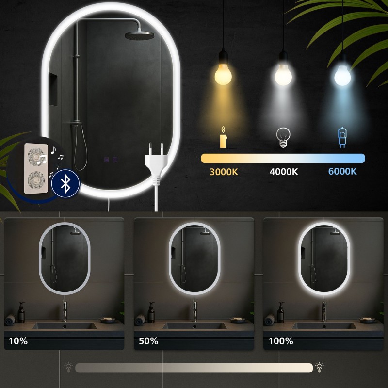 Espejo de baño Karishma de 70x50 cm con Bluetooth y cristal transparente