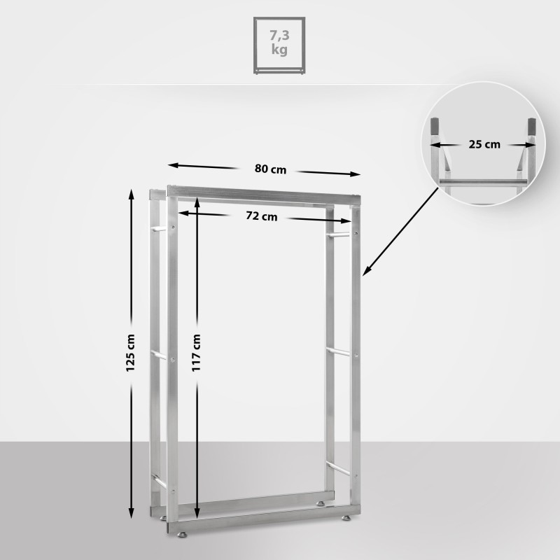 Leñero Keri V2, 25 x 80 x 125 cm, acero inoxidable