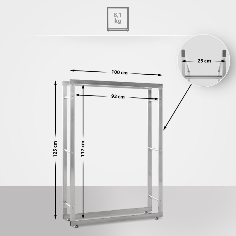 Soporte para leña Keri V2 de 25x100x125 cm en acero inoxidable