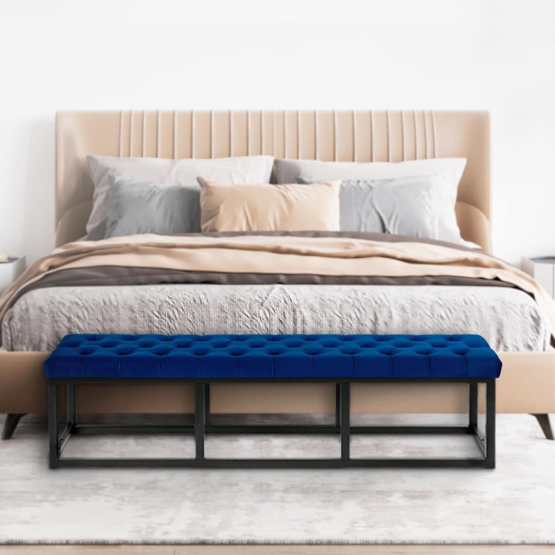 Banco Polson de terciopelo, negro, 150 cm, azul