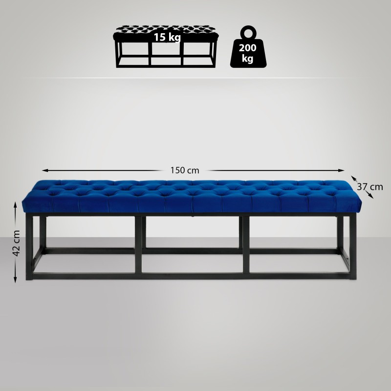 Banco Polson de terciopelo, negro, 150 cm, azul