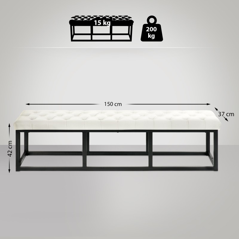 Banco Polson en terciopelo negro, 150 cm, color crema