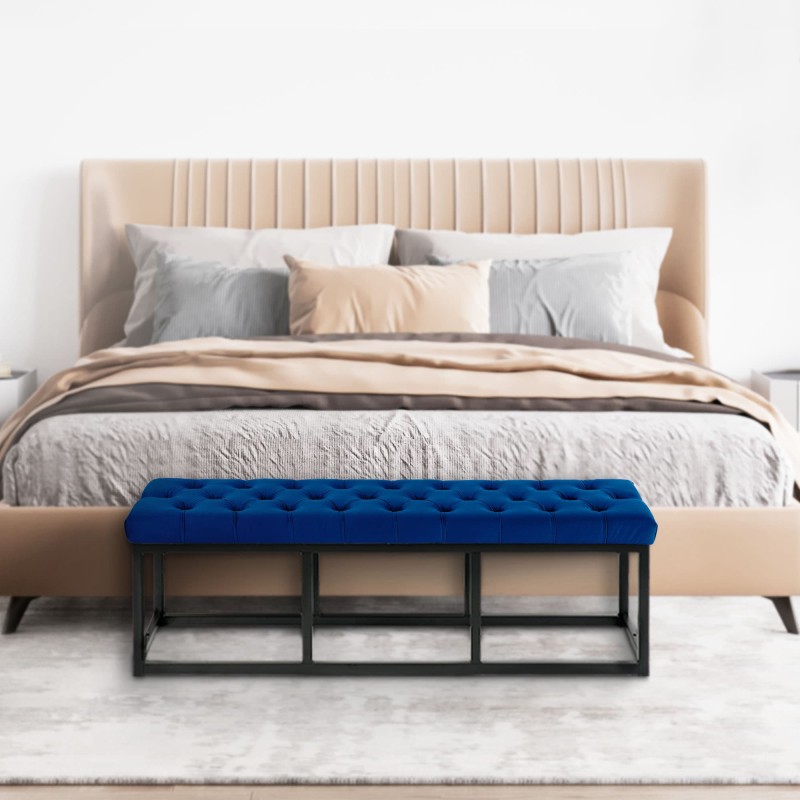 Banco Polson de terciopelo, negro, 120 cm, azul