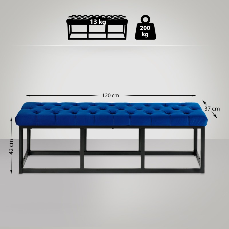 Banco Polson de terciopelo, negro, 120 cm, azul