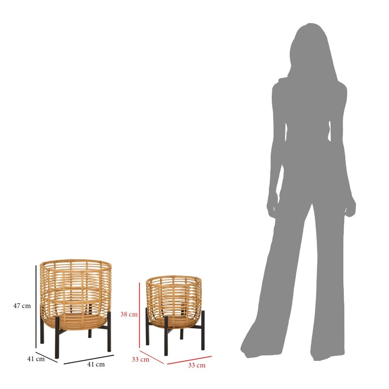 Juego de 2 soportes para jarrones estilo boho chic de ratán, Ø 41 x 47-33 x 39 cm - Ratán y hierro