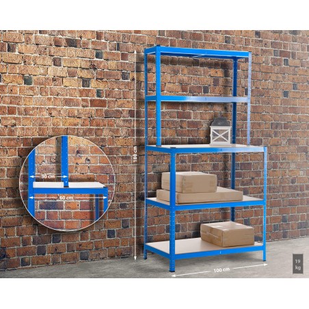 Estantería que incluye un banco de trabajo azul 2+3