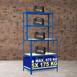 Estantería que incluye un banco de trabajo azul 2+3