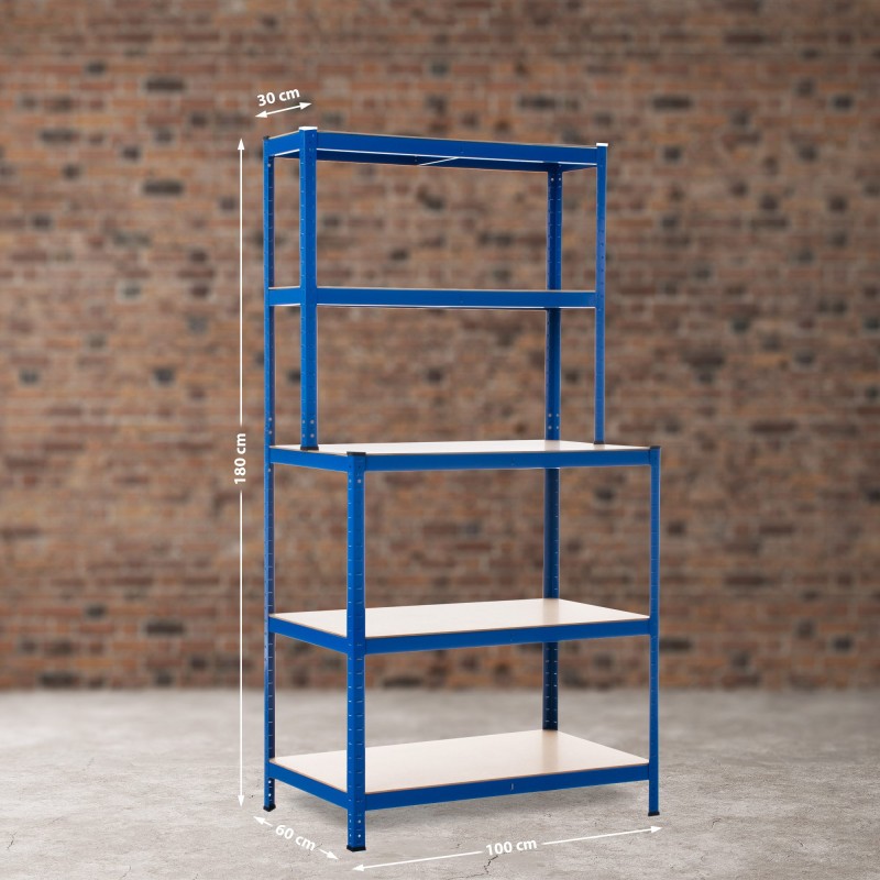Estantería que incluye un banco de trabajo azul 2+3