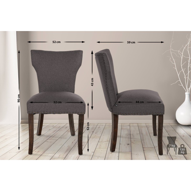 Juego de 2 sillas de comedor Zadar, tapizadas en tela oscura de estilo antiguo, color gris oscuro.