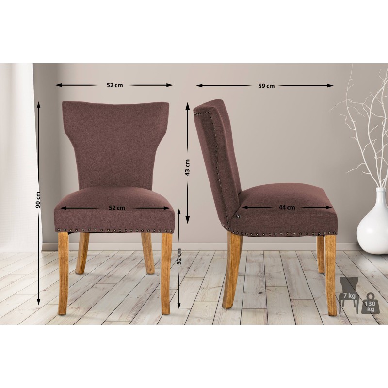 Juego de 2 sillas de comedor Zadar, tapizadas en tela marrón claro antigua.