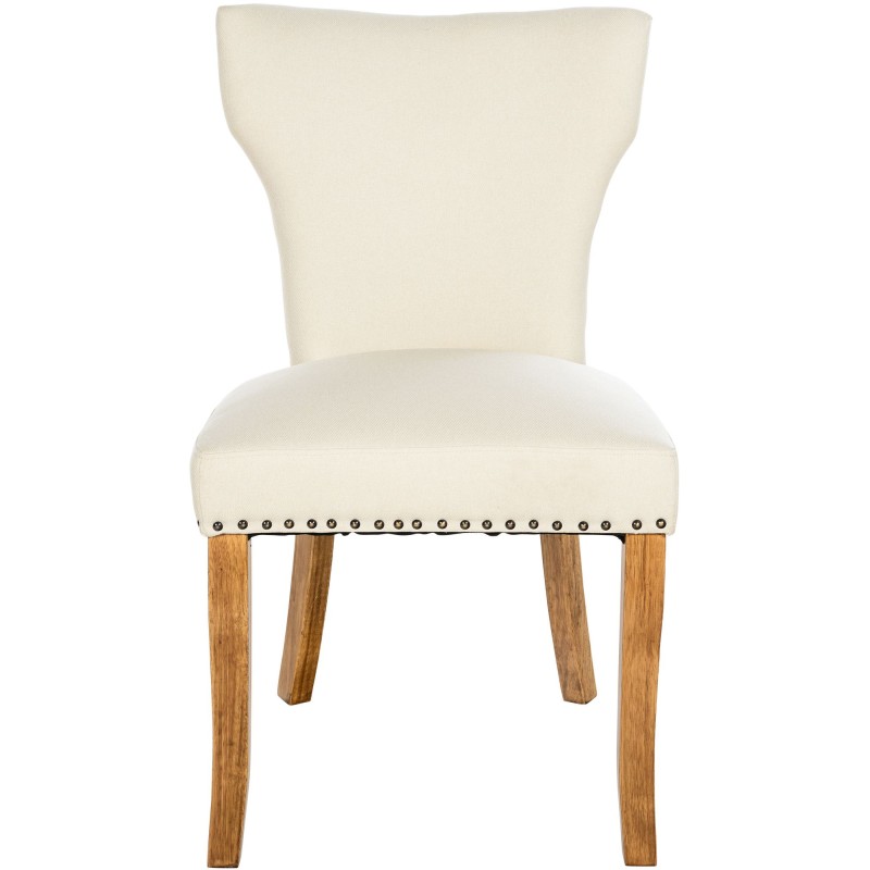 Juego de 2 sillas de comedor Zadar, tapizadas en tela color crema claro de estilo antiguo.