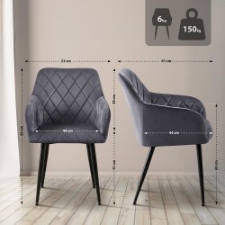 Juego de 2 sillas de comedor Monett, terciopelo, B, gris oscuro