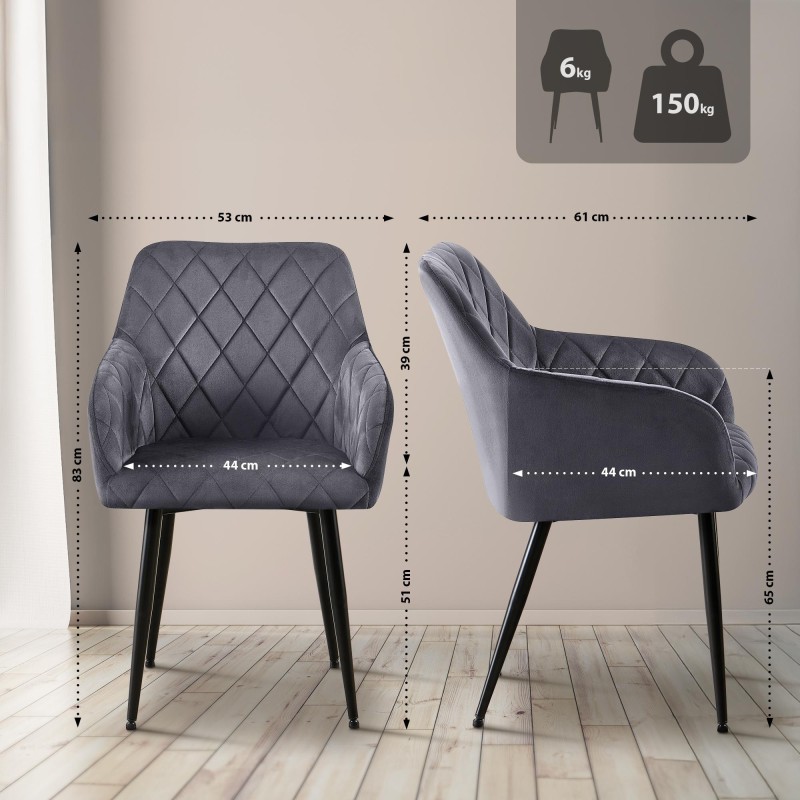 Juego de 2 sillas de comedor Monett, terciopelo, B, gris oscuro
