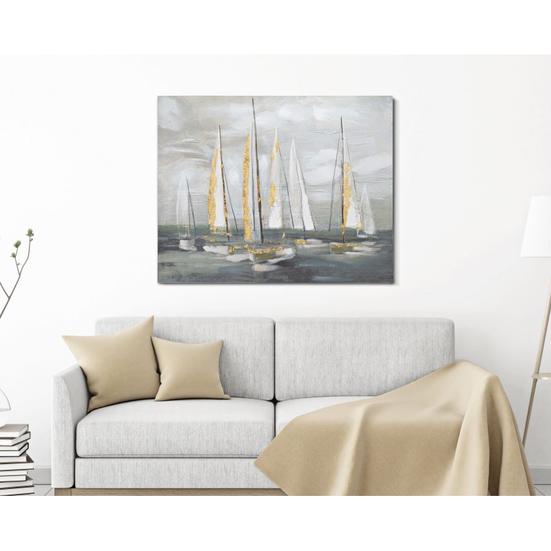 Cuadro decorativo de barco dorado – 100x80 cm – Pintura glamurosa, brillante y refinada