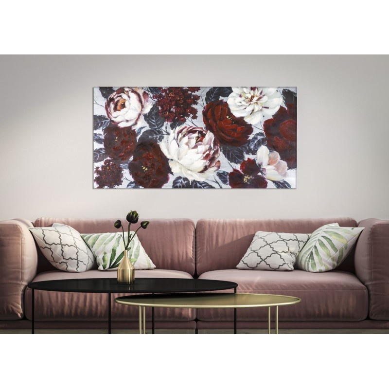Cuadro decorativo hecho a mano con flores blancas y rojas – 120x60 cm – Pintura floral glamurosa