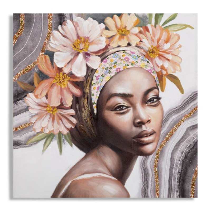 Arte mural hecho a mano por Naomi – Modelo A – 100x100 cm – Retrato femenino delicado y bohemio