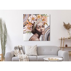 Arte mural hecho a mano por Naomi – Modelo A – 100x100 cm – Retrato femenino delicado y bohemio