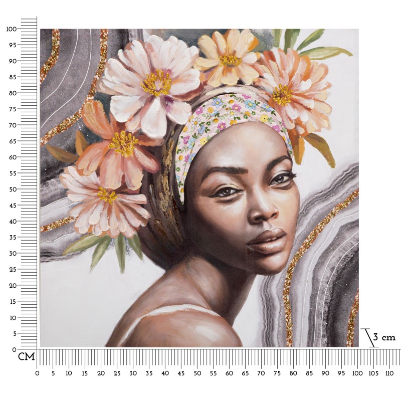 Arte mural hecho a mano por Naomi – Modelo A – 100x100 cm – Retrato femenino delicado y bohemio