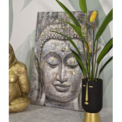 Arte mural hecho a mano, rostro luminoso de Buda – Modelo A – 80x120 cm – Serenidad bohemia y espiritual
