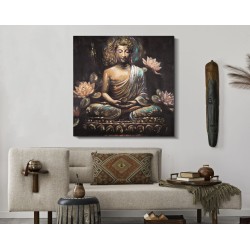 Arte mural de Buda hecho a mano – Modelo A – 100x100 cm – Formato espiritual bohemio grande
