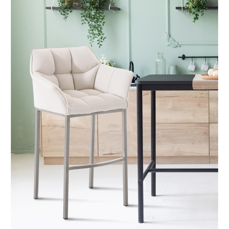 Taburete de bar Damaso E tapizado en tela, con base de 4 patas, blanco