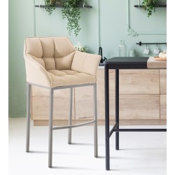 Taburete de bar Damaso E tapizado en tela con base de cuatro patas color crema