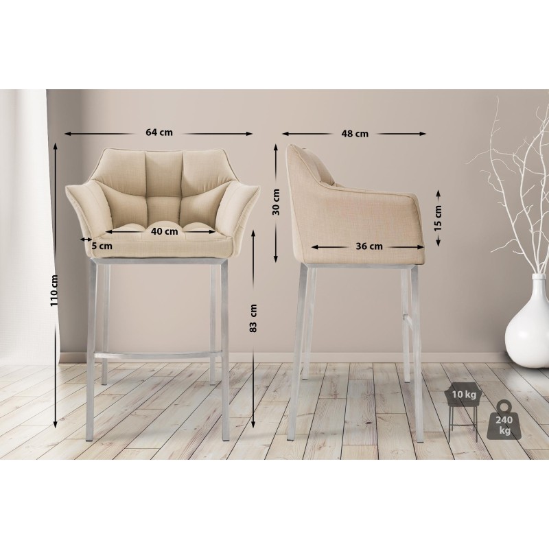 Taburete de bar Damaso E tapizado en tela con base de cuatro patas color crema