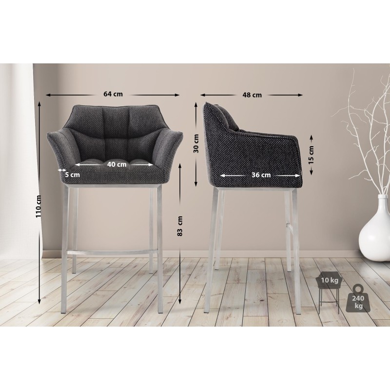 Taburete de bar Damaso E tapizado en tela con base de 4 patas en color gris titanio.