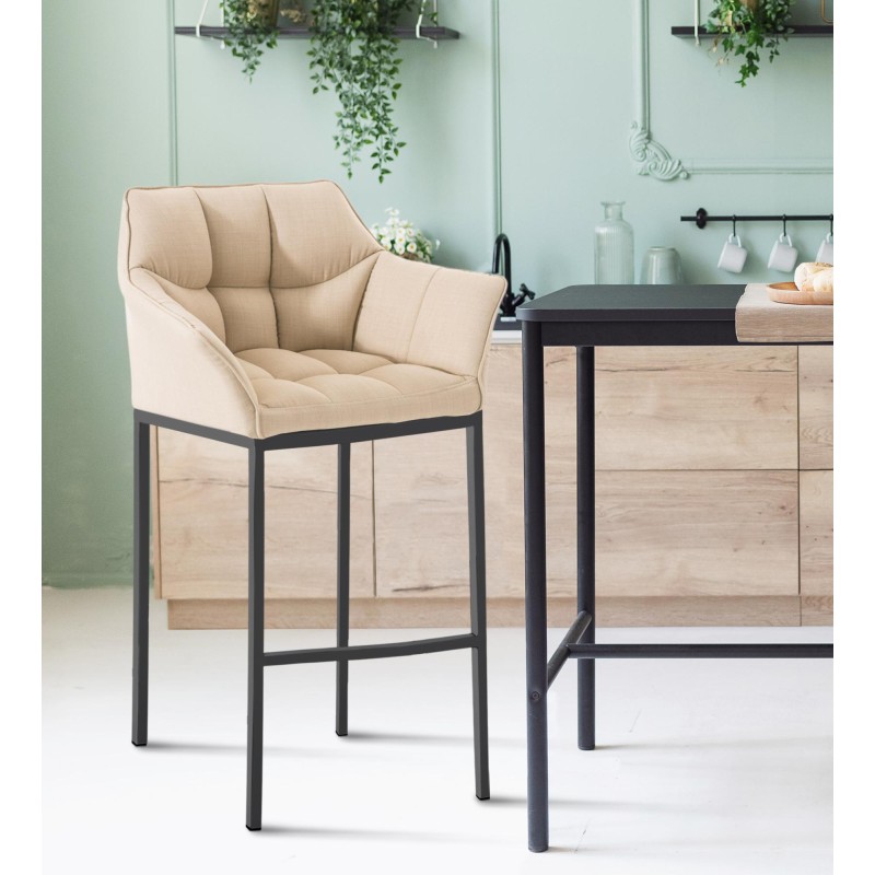 Taburete de bar Damaso B tapizado en tela, con base de 4 patas, color crema