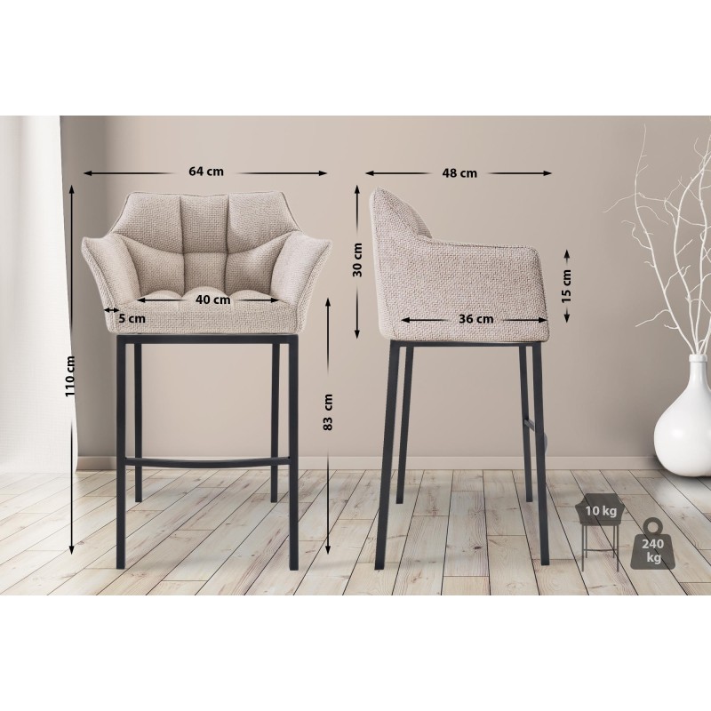 Taburete de bar Damaso B tapizado en tela con base de 4 patas color marfil