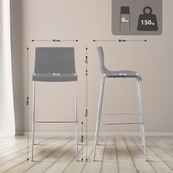 Taburete de bar Hoover, cromado, estructura gris de 4 patas