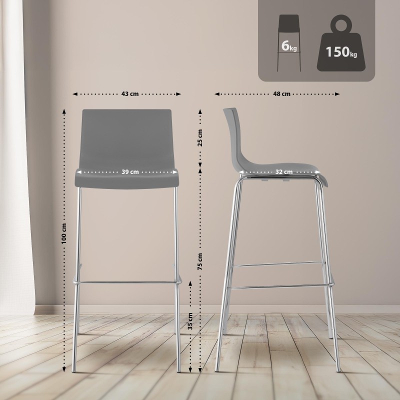 Taburete de bar Hoover, cromado, estructura gris de 4 patas