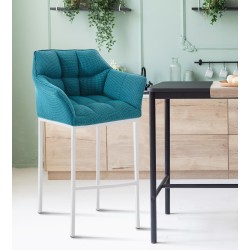 Taburete de bar Damaso W de tela con base de 4 patas, turquesa