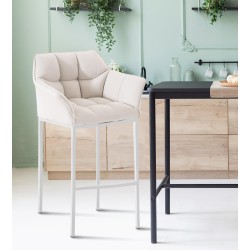 Taburete de bar Damaso tapizado en tela blanca, con base de cuatro patas. Blanco