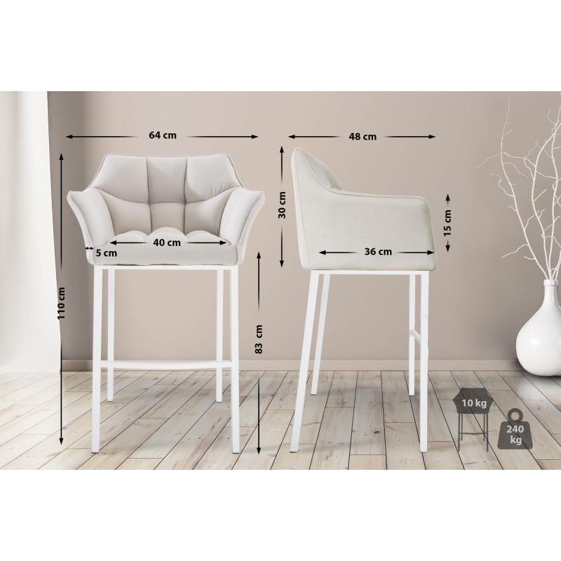 Taburete de bar Damaso tapizado en tela blanca, con base de cuatro patas. Blanco