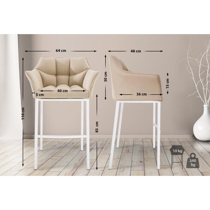 Taburete de bar Damaso tapizado en tela blanca, con base de cuatro patas. Color crema.