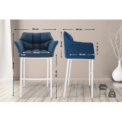 Taburete de bar Damaso tapizado en tela blanca, con base de cuatro patas. Azul