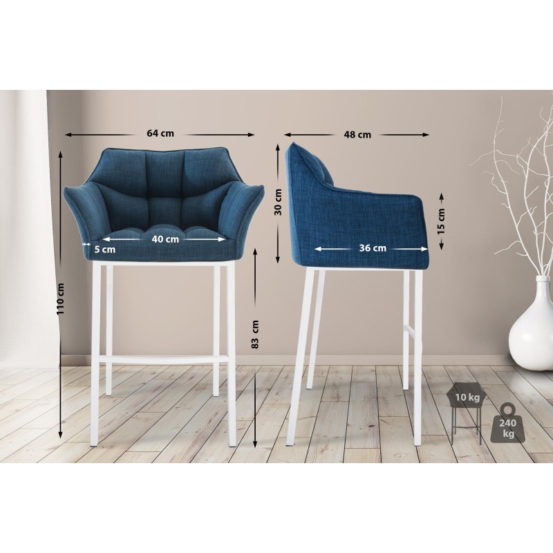 Taburete de bar Damaso tapizado en tela blanca, con base de cuatro patas. Azul