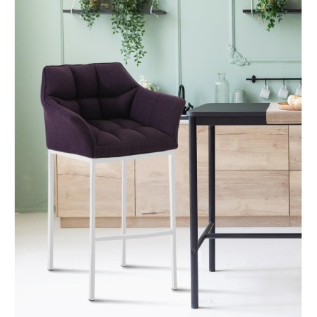 Taburete de bar Damaso tapizado en tela blanca, con base de cuatro patas. Morado
