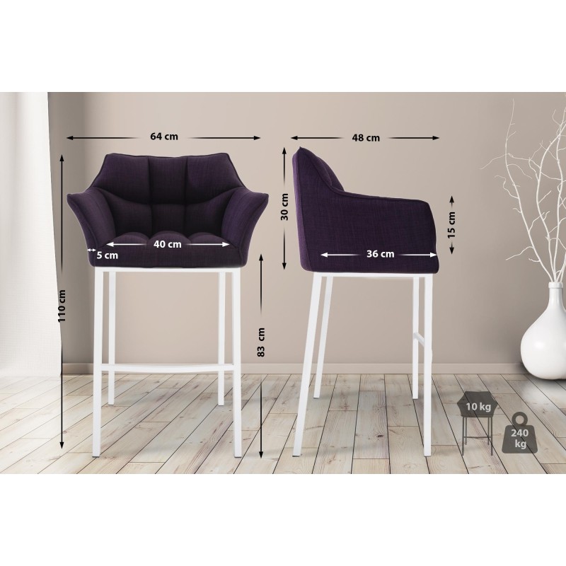 Taburete de bar Damaso tapizado en tela blanca, con base de cuatro patas. Morado