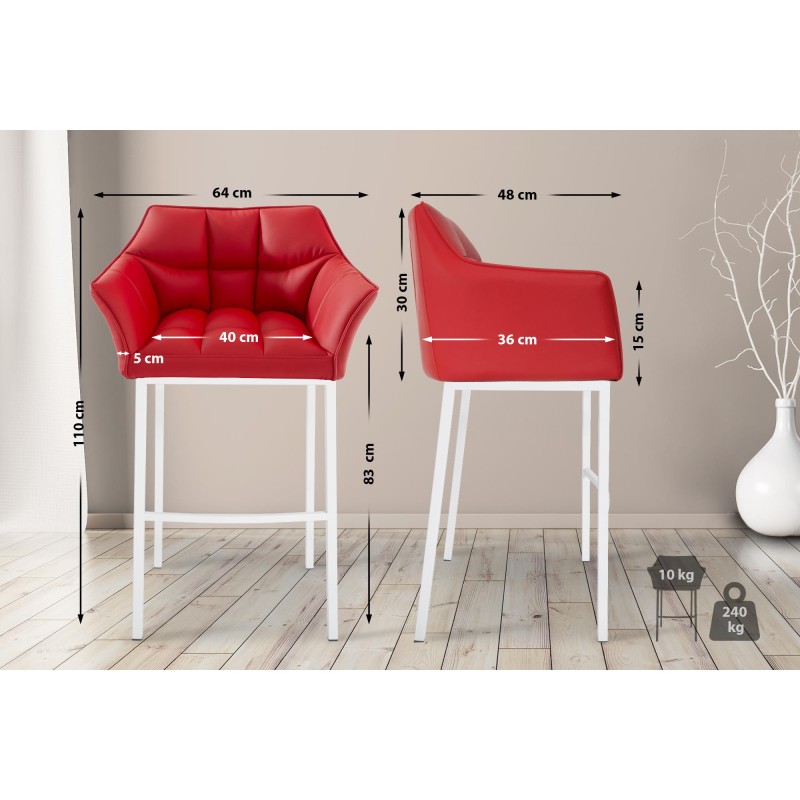 Taburete de bar Damaso de 4 patas, blanco y rojo