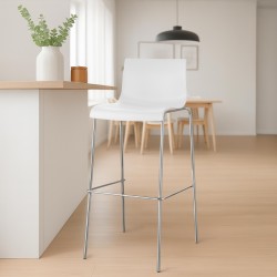 Juego de 2 taburetes de bar Hoover, de plástico, con estructura de 4 patas, color blanco cromado.