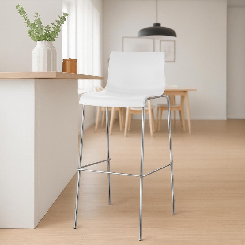 Juego de 2 taburetes de bar Hoover, de plástico, con estructura de 4 patas, color blanco cromado.